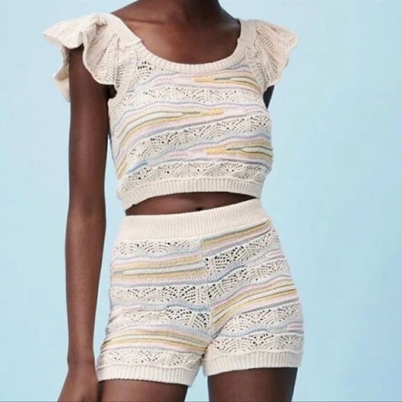 Zara beige pointelle crochet knit ruffle crop top and shorts set large - Picture 1 of 11
